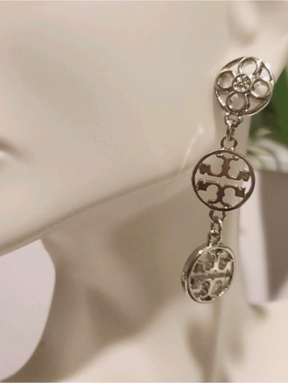 Tory Burch silver triple logo drop earrings MSRP $149 - Picture 2 of 5